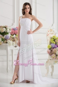 Empire White One Shoulder High Slit Brush Train Chiffon Prom Dress