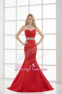 Red Mermaid Sweetheart Sleeveless Beading and Ruching Prom Dress