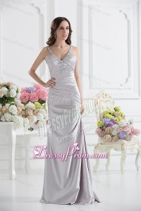 Silver Column V-neck Satin Prom Dress with Ruching and Beading