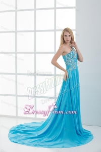 Sky Blue Beading and Ruching Empire One Shoulder Prom Dress with Court Train