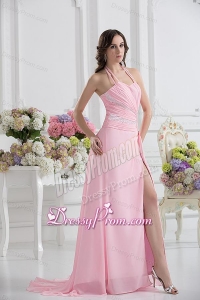 Straps Baby Pink High Slit and Ruching Empire Prom Dress with High Slit