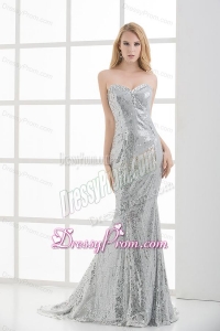 Sweetheart Sleeveless Silver Mermaid Brush Train Prom Dress with Sequins