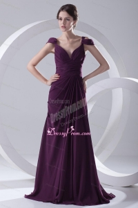 Column Burgundy Ruching Straps Cap Sleeves Dresses for Prom