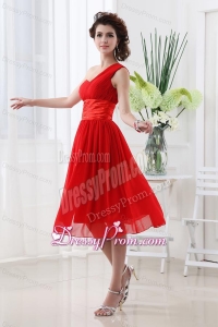Empire One Shoulder Belt Knee-length Red Prom Dress