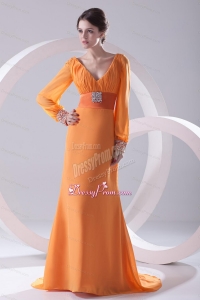 Empire Orange V-neck Long Sleeves Prom Dress with Beading Ruching