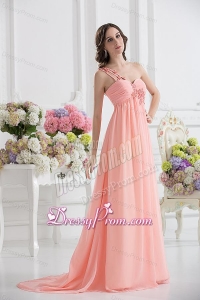 Peach Empire Brush Train Prom Dress with Ruching and Appliques