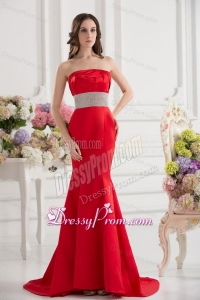 Red Mermaid Strapless Court Train Belt and Ruching Prom Dress