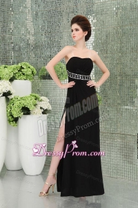 Strapless Empire Black Chiffon Belt Prom Dress with High Slit Ruchings