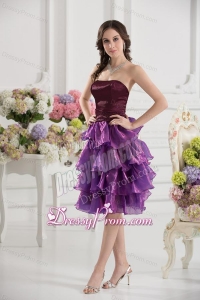 A-line Strapless Organza Beading Ruffled Layers Dark Viole Prom Dress