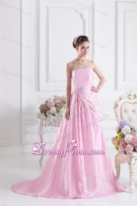 Baby Pink A-line Court Train Strapless Ruching Prom Dress