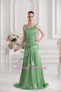 Column Spaghetti Straps Floor-length Ruching Taffeta Green Prom Stress