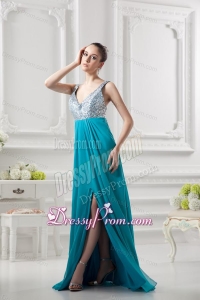 Empire Straps High Slit Pailette Teal Chiffon Prom Dress