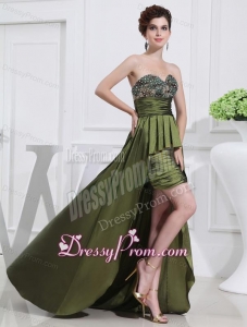 Sweetheart High-low Beading and Ruching Taffeta Olive Green Prom Dress