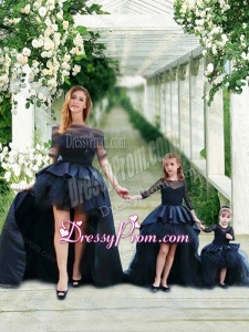 Fashionable High Low Navy Blue Prom Dress with Bateau and Gorgeous See Through 3/4 Length Sleeves Little Girl Dress with Scoop and New Style High Low Tobbler Dress with Long Sleeves