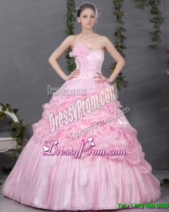 2015 Pretty Pink Quinceanera Gowns with Hand Made Flowers and Ruffles