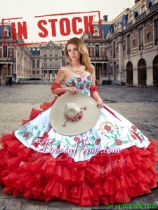 Luxurious White and Red Quinceanera Dresses with Ruffled Layers and Embroidery