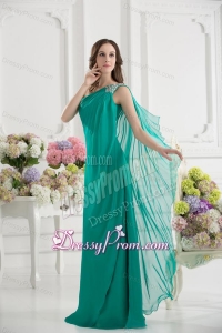 Turquoise Empire One Shoulder Beading Watteau Train Ruching Prom Dress