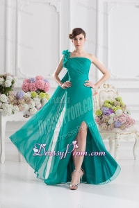 One Shoulder Turquoise Column Handle Made Flowers Prom Dress