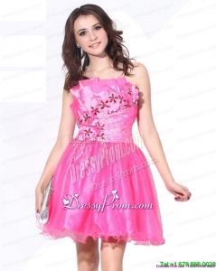 2014 One Shoulder Hot Pink Short Prom Dresses with Ruching and Beading