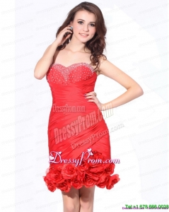 2015 Beading Red Sweetheart Prom Dresses with Hand Made Flowers and Ruching