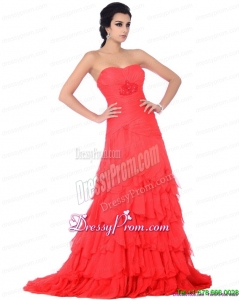 2015 Brush Train Prom Dresses with Ruffled Layers and Beading