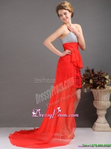 2015 Brush Train Red High Low Prom Dresses with Ruching and Beading