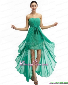 Designer Turquoise High Low Beading Prom Dresses with Ruching and Bowknot