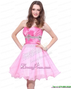 Rose Pink 2015 Mini Length Prom Dresses with Beading and Ruching