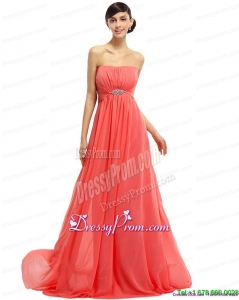 Simple Watermelon Beading Long Prom Dresses with Ruching and Sweep Train