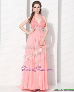 2015 Cheap Halter Top Prom Dress with Beading and Ruching