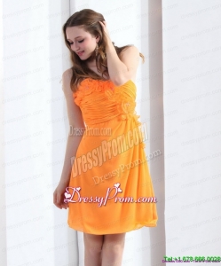 2015 Plus Size Strapless Orange Prom Dress with Hand Made Flowers and Ruching