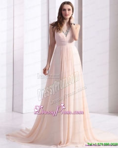 Clearance 2015 Brush Train Long Prom Dresses with Beading and Ruching