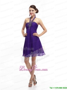 Clearance Purple Beading Halter Top 2015 Prom Dresses with Ruching