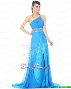 Simple 2015 One Shoulder Blue Long Prom Dress with Rhinestones