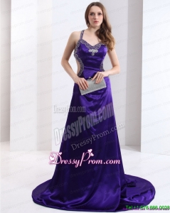 Fashionable 2015 Halter Top Purple Criss Cross Prom Dresses with Court Train