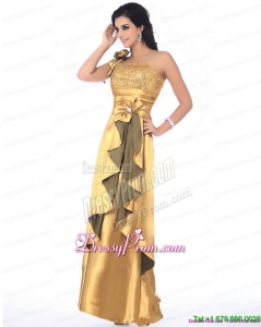 Fashionable One Shoulder Gold Prom Dress with Hand Made Flowers and Ruching