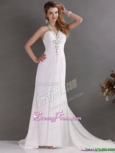 Fashionable and Beautiful 2015 Halter Top White Prom Dress with Ruching and Beading