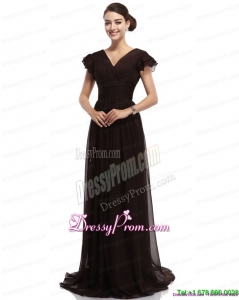 Plus Size Cap Sleeves and Brush Train 2015 Prom Dress in Black