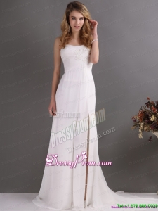 Vintage Affordable Ruching and High Slit 2015 Prom Dress in White