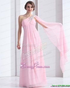 On Sale 2015 One Shoulder Baby Pink Prom Dress with Ruching and Beading
