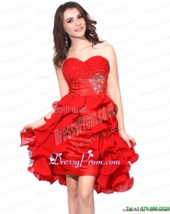 Red Ruching Sweetheart Unique Prom Dresses with Beading and Ruffles