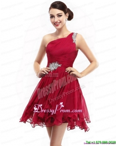 Unique One Shoulder Ruching Mini Length Prom Dresses with Beading