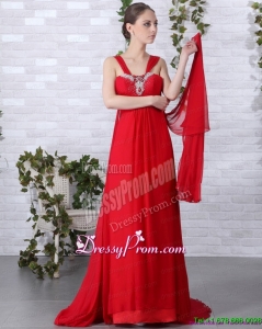 2015 High End Empire Red Prom Dress with Brush Train and Beading