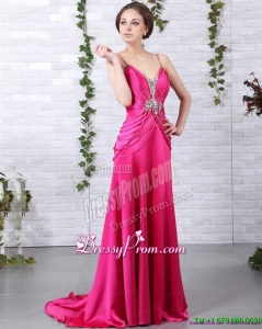 High End Brush Train 2015 Prom Dress with Ruching and Beading