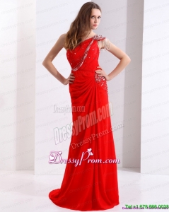 Unique 2015 One Shoulder Red Prom Dress with Beadings and Brush Train