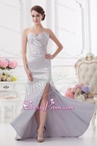 Light Grey Column Sweetheart Prom Dress with Ruching and Beading