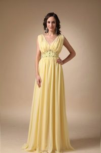 2013 Beading Decorated Prom Dress with V-neck Straps in Yellow