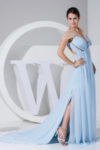 Brush Train V-neck Light Blue Prom Dress Sheer Cap Sleeves