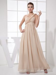 Ankle-length One Shoulder Flowers Champagne Prom Dresses
