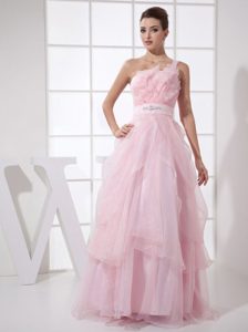 New Stylish Pink Organza Beaded One Shoulder Prom Dresses
